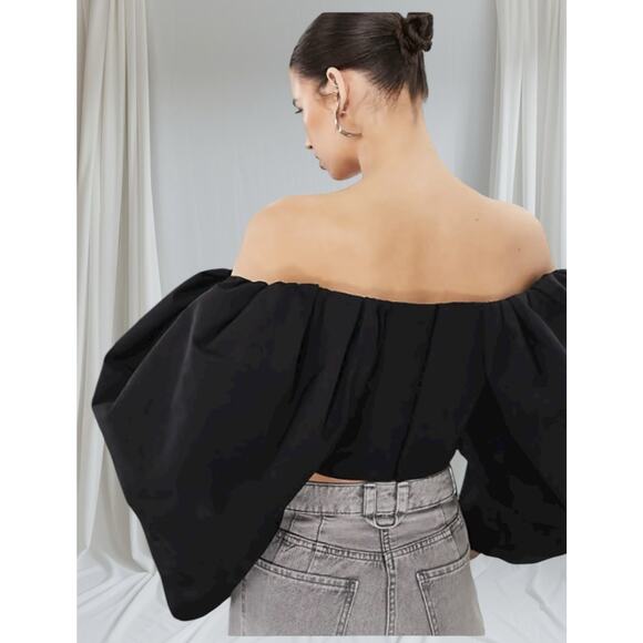 ASOS Black Off Shoulder Puff Sleeve Corset Crop Top Balloon Sleeve sz US 6 - Picture 2 of 11